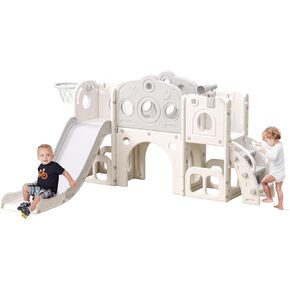 8 in 1 Toddler Slide, Outdoor Indoor Playset for Kids Baby Age 1-3, Childs Climber Slide with Storage Space and Non-Slip Steps, Basketball Hoopa and Telescope, Grey & White in Kuwait