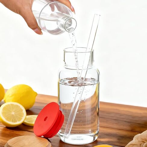 كوب زجاجي بغطاء من السيليكون وقش، أكواب للشرب سعة 17 أونصة وزجاجة مياه وأواني زجاجية عتيقة للقهوة المثلجة والعصائر والكوكتيلات وأكواب الويسكي للهدايا (500 مل - عبوة واحدة) in Saudi Arabia