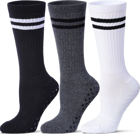 Pilates Grip Socks for Women,Striped Yoga Non Slip Cushioned Long Socks for Barre, Dance, Workout 3 Pairs in Kuwait