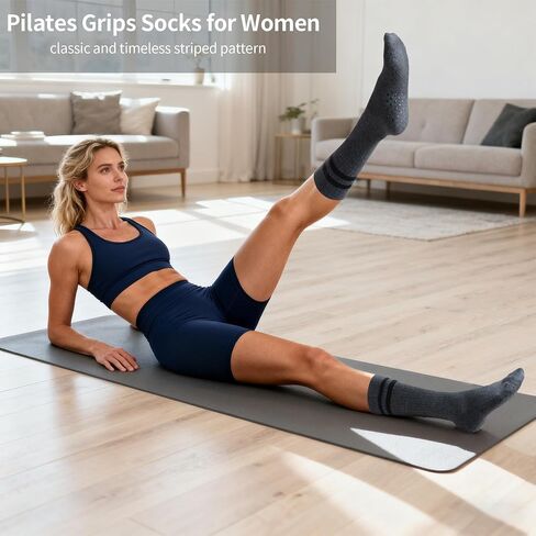 Pilates Grip Socks for Women,Striped Yoga Non Slip Cushioned Long Socks for Barre, Dance, Workout 3 Pairs in Kuwait