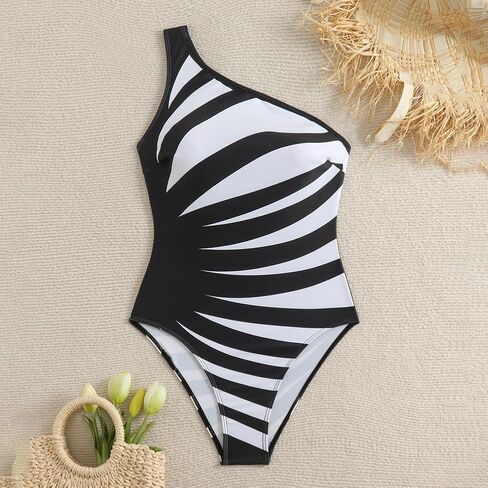 One Shoulder One Piece Swimsuit for Women Tummy Control Bathing Suit Striped Swimwear in Saudi Arabia