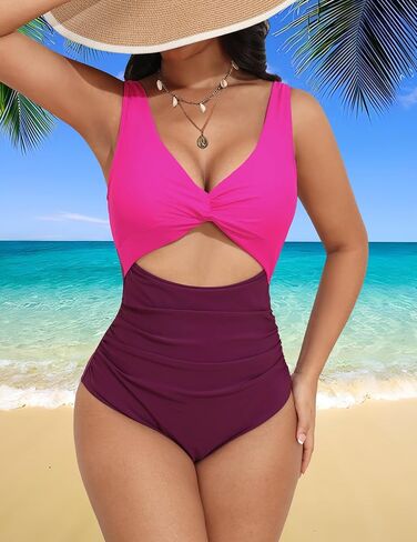 Women's One Piece Swimsuit High Waisted Bathing Suit Cutout Monokini V Neck Swimwear S-2XL in Saudi Arabia
