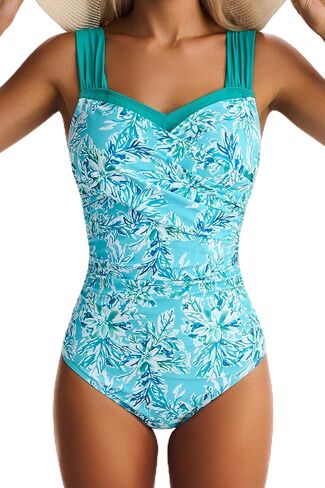 One Piece Swimsuit for Women Tummy Control Wide Straps Bathing Suits Full Coverage Swim Suit Color Block Swimwear in Kuwait