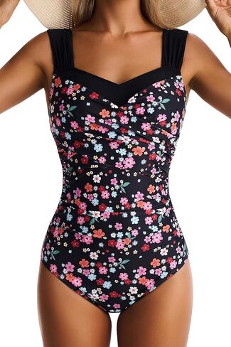 One Piece Swimsuit for Women Tummy Control Wide Straps Bathing Suits Full Coverage Swim Suit Color Block Swimwear in Kuwait