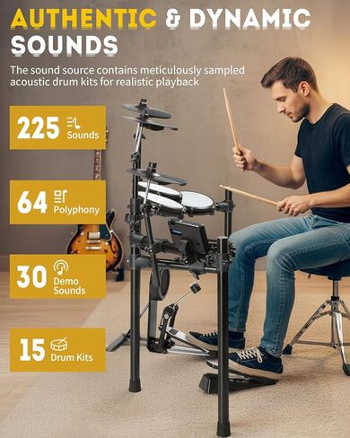 Ktaxon Electric Drum Set, Electronic Drum Set with USB MIDI, Dual Power Modes, 3 Smart Coaching, Dual Zone Triggering, Metronome, Record, 225 Authentic Sounds, 64 Polyphony & 30 Demos for Adults(Full) in Kuwait