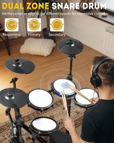 Ktaxon Electric Drum Set, Electronic Drum Set with USB MIDI, Dual Power Modes, 3 Smart Coaching, Dual Zone Triggering, Metronome, Record, 225 Authentic Sounds, 64 Polyphony & 30 Demos for Adults(Full) in Kuwait