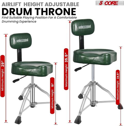 5 CORE Drum Throne 4" Cushion Padded Comfortable Guitar Stool w Backrest Airlift Height Adjustable 18-24" Drummer 441Lb Capacity Seat for Adults and Kids Black - DS CH BLK Rest-LVR in Saudi Arabia