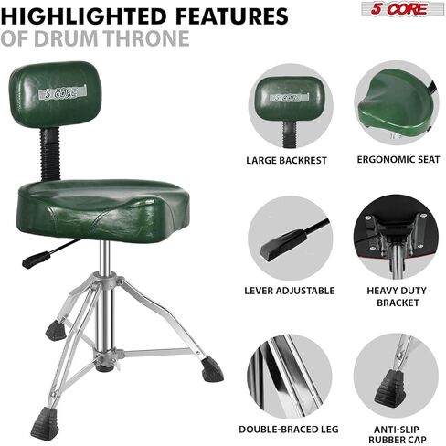 5 CORE Drum Throne 4" Cushion Padded Comfortable Guitar Stool w Backrest Airlift Height Adjustable 18-24" Drummer 441Lb Capacity Seat for Adults and Kids Black - DS CH BLK Rest-LVR in Saudi Arabia