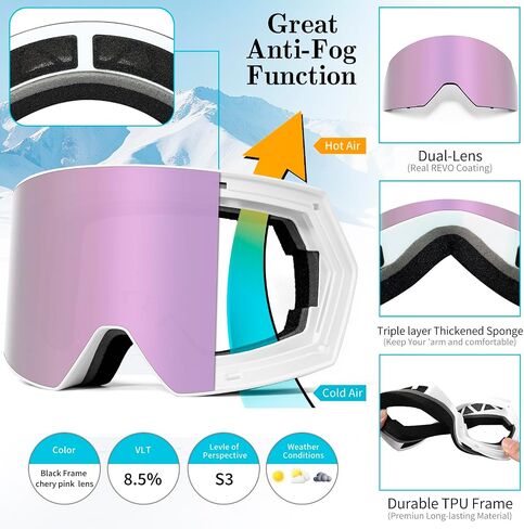 Ski Goggles for Men Women,Frameless UV Protection OTG Anti-fog Snowboard Snow Skating Goggles in Kuwait
