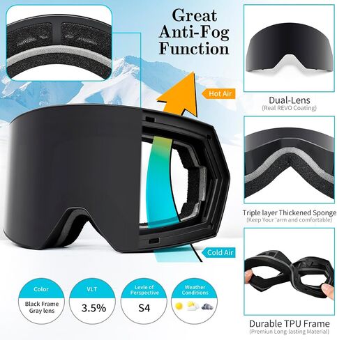 Ski Goggles for Men Women,Frameless UV Protection OTG Anti-fog Snowboard Snow Skating Goggles in Kuwait