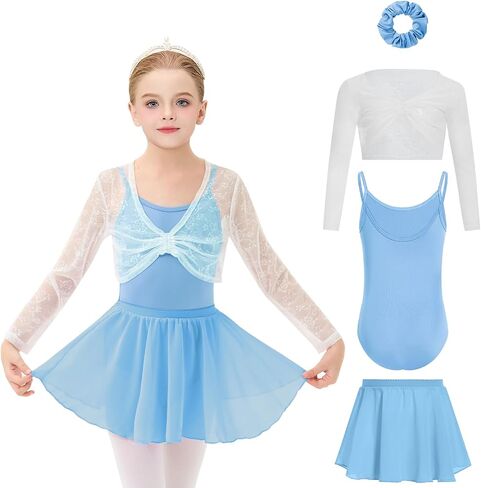 JiAmy Girls Ballet Leotards 4 Pcs Dance Outfits Combo with Mesh Cardigan, Removable Skirt for 3-12 Years in Kuwait