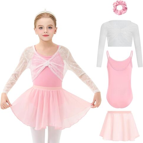 JiAmy Girls Ballet Leotards 4 Pcs Dance Outfits Combo with Mesh Cardigan, Removable Skirt for 3-12 Years in Kuwait