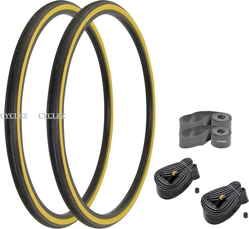 CYCLEZ 27 x 1 1/4 Classic Wired Clincher Bicycle Tire Kit Multiple Colors Smooth Tread Tires for 27 Inch Touring, Road, Fixed Gear Bikes Replacement Bike Tire Kit in Saudi Arabia