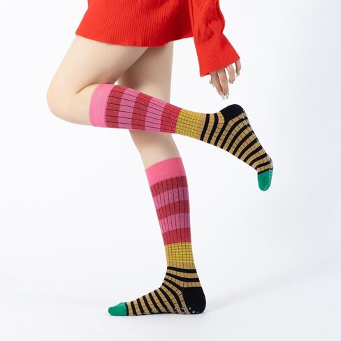 Verdancy Yoga Pilates Socks with Grips for Women Striped Color-Blocked Knee Highs Non Slip Cushioned Over the Calf Socks in Saudi Arabia
