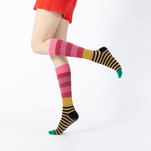 Verdancy Yoga Pilates Socks with Grips for Women Striped Color-Blocked Knee Highs Non Slip Cushioned Over the Calf Socks in Saudi Arabia
