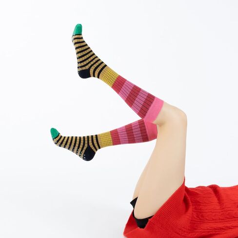 Verdancy Yoga Pilates Socks with Grips for Women Striped Color-Blocked Knee Highs Non Slip Cushioned Over the Calf Socks in Saudi Arabia