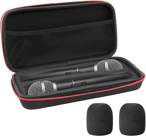 Portable Black Portable Wireless Microphone Case with 2 Mic Foam Covers, Handheld Dual Mic Case, Portable Zipper Microphone Carrying Storage Box for Singing Recivers Adapter Audio Cable Power Cord in Saudi Arabia
