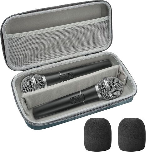 Portable Black Portable Wireless Microphone Case with 2 Mic Foam Covers, Handheld Dual Mic Case, Portable Zipper Microphone Carrying Storage Box for Singing Recivers Adapter Audio Cable Power Cord in Saudi Arabia