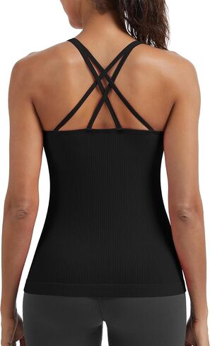 MathCat Seamless Workout Tank Tops for Women with Built in Bra, Spaghetti Strap Ribbed Athletic Strappy Back Yoga Shirts in Saudi Arabia