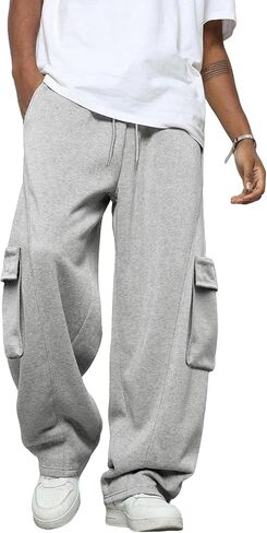BUXKR Men's Baggy Sweatpants Wide Leg Fleece Casual Joggers Cotton Loose Drawstring Elastic Waist Pants with Pockets in Saudi Arabia