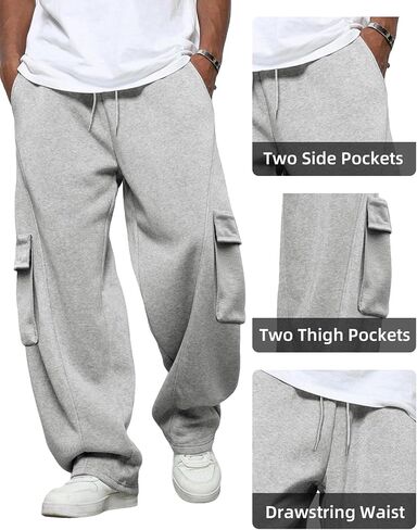 BUXKR Men's Baggy Sweatpants Wide Leg Fleece Casual Joggers Cotton Loose Drawstring Elastic Waist Pants with Pockets in Saudi Arabia