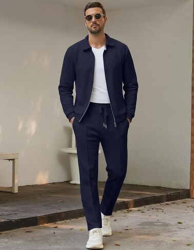 UOUA Mens 2 Piece Tracksuits Set Casual Jacquard Sweatsuits Outfits Full-Zip Jakcet & Loose Jogging Pants in Saudi Arabia