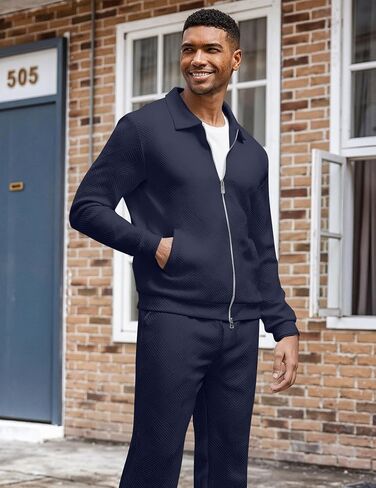 UOUA Mens 2 Piece Tracksuits Set Casual Jacquard Sweatsuits Outfits Full-Zip Jakcet & Loose Jogging Pants in Saudi Arabia