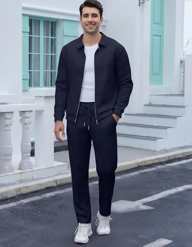 UOUA Mens 2 Piece Tracksuits Set Casual Jacquard Sweatsuits Outfits Full-Zip Jakcet & Loose Jogging Pants in Saudi Arabia
