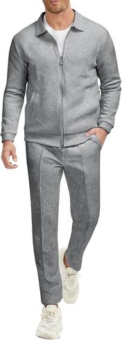 UOUA Mens 2 Piece Tracksuits Set Casual Jacquard Sweatsuits Outfits Full-Zip Jakcet & Loose Jogging Pants in Saudi Arabia