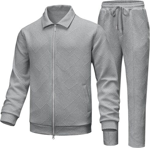 UOUA Mens 2 Piece Tracksuits Set Casual Jacquard Sweatsuits Outfits Full-Zip Jakcet & Loose Jogging Pants in Saudi Arabia