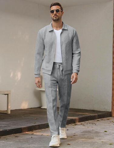 UOUA Mens 2 Piece Tracksuits Set Casual Jacquard Sweatsuits Outfits Full-Zip Jakcet & Loose Jogging Pants in Saudi Arabia