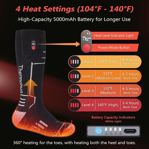 Merino Wool Heated Socks – Rechargeable 5000mAh*2 Battery,for Men Or Women,Washable Electric Socks with 4 Heating Levels for Winter,Skiing,Hunting,Camping,Hiking,Cycling,Outdoor Work in Kuwait