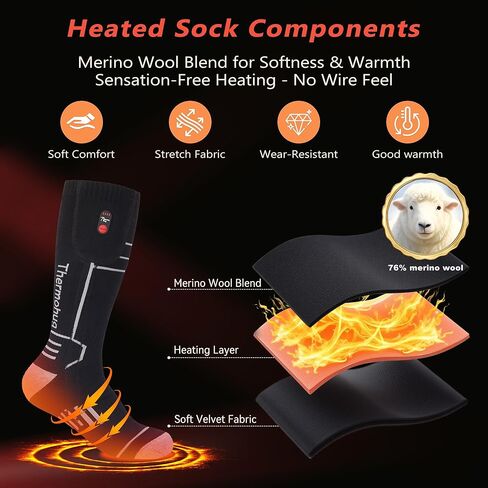 Merino Wool Heated Socks – Rechargeable 5000mAh*2 Battery,for Men Or Women,Washable Electric Socks with 4 Heating Levels for Winter,Skiing,Hunting,Camping,Hiking,Cycling,Outdoor Work in Kuwait