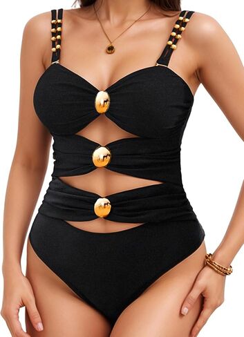 Womens One-Piece Swimsuits Ring Linked Cutout Swimwear Color Block Sexy Bathing Suit in Kuwait