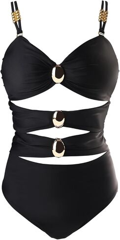 Womens One-Piece Swimsuits Ring Linked Cutout Swimwear Color Block Sexy Bathing Suit in Kuwait