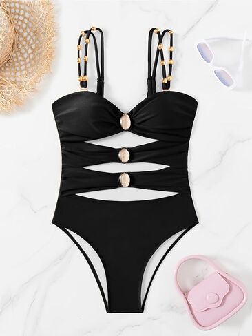 Womens One-Piece Swimsuits Ring Linked Cutout Swimwear Color Block Sexy Bathing Suit in Kuwait