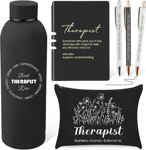 Marspark 6 Pcs Therapy Appreciation Gifts for Women, with Stainless Steel Water Bottle, Printed Bag, and Pen A5 Notebook Makeup Bag Set for Appreciation Gift Mental Healthy Psychology(White) in Saudi Arabia