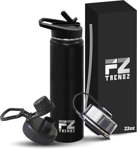 FZ TRENDZ ® Insulated Water Bottle, 22 oz water bottle, Stainless Steel water bottle, 3 Interchangeable Lids, Straw, Leak Free & BPA Free, Black Water Bottle, dishwasher safe water bottle in Saudi Arabia