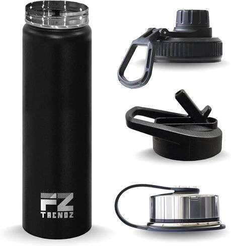 FZ TRENDZ ® Insulated Water Bottle, 22 oz water bottle, Stainless Steel water bottle, 3 Interchangeable Lids, Straw, Leak Free & BPA Free, Black Water Bottle, dishwasher safe water bottle in Saudi Arabia