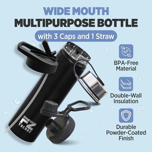 FZ TRENDZ ® Insulated Water Bottle, 22 oz water bottle, Stainless Steel water bottle, 3 Interchangeable Lids, Straw, Leak Free & BPA Free, Black Water Bottle, dishwasher safe water bottle in Saudi Arabia