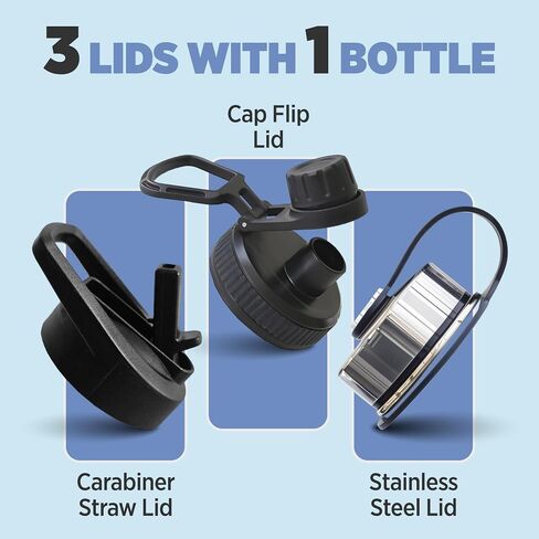 FZ TRENDZ ® Insulated Water Bottle, 22 oz water bottle, Stainless Steel water bottle, 3 Interchangeable Lids, Straw, Leak Free & BPA Free, Black Water Bottle, dishwasher safe water bottle in Saudi Arabia