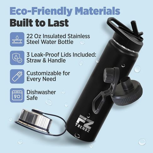 FZ TRENDZ ® Insulated Water Bottle, 22 oz water bottle, Stainless Steel water bottle, 3 Interchangeable Lids, Straw, Leak Free & BPA Free, Black Water Bottle, dishwasher safe water bottle in Saudi Arabia