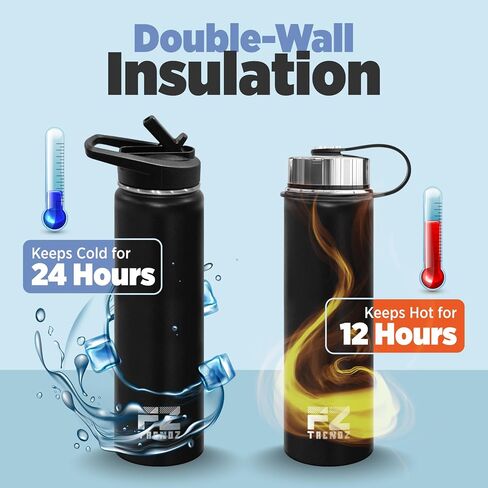 FZ TRENDZ ® Insulated Water Bottle, 22 oz water bottle, Stainless Steel water bottle, 3 Interchangeable Lids, Straw, Leak Free & BPA Free, Black Water Bottle, dishwasher safe water bottle in Saudi Arabia