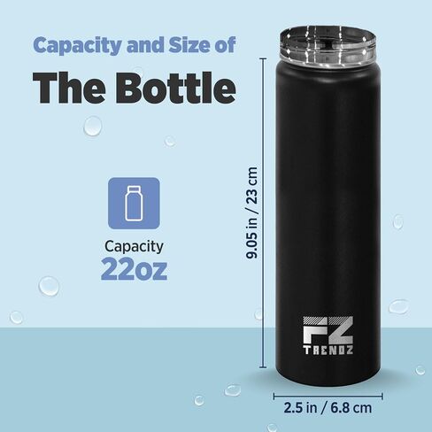 FZ TRENDZ ® Insulated Water Bottle, 22 oz water bottle, Stainless Steel water bottle, 3 Interchangeable Lids, Straw, Leak Free & BPA Free, Black Water Bottle, dishwasher safe water bottle in Saudi Arabia