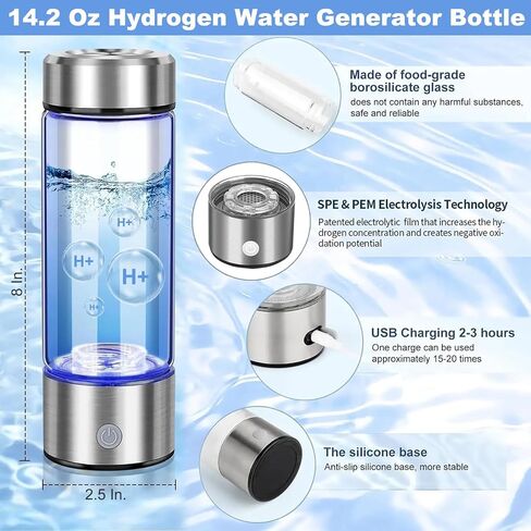 Hydrogen Water Generator Bottle, 14 Oz Portable Hydrogen Water Bottle with SPE and PEM Technology, Rechargeable Portable Glass Hydrogen Rich Water Generator Bottle Silver Color in Saudi Arabia