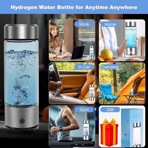 Hydrogen Water Generator Bottle, 14 Oz Portable Hydrogen Water Bottle with SPE and PEM Technology, Rechargeable Portable Glass Hydrogen Rich Water Generator Bottle Silver Color in Saudi Arabia