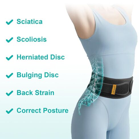 دعامة ظهر رفيعة للغاية وخفيفة الوزن لعلاج آلام أسفل الظهر وعرق النسا والجنف والقرص المنزلق - حزام خلفي قابل للتنفس وقابل للتعديل للنساء والرجال تحت الملابس، أسود. in Kuwait