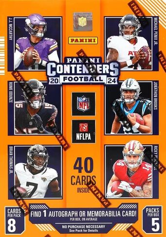 2024 Panini Contenders Football Series Factory Sealed Blaster Box with One Autograph or Rookie Ticket Memorabilia Swatch Plus Seven Inserts or Parallels Per Box Including Exclusive Blue Parallels in Saudi Arabia