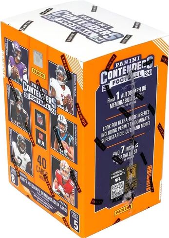 2024 Panini Contenders Football Series Factory Sealed Blaster Box with One Autograph or Rookie Ticket Memorabilia Swatch Plus Seven Inserts or Parallels Per Box Including Exclusive Blue Parallels in Saudi Arabia