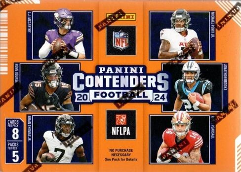 2024 Panini Contenders Football Series Factory Sealed Blaster Box with One Autograph or Rookie Ticket Memorabilia Swatch Plus Seven Inserts or Parallels Per Box Including Exclusive Blue Parallels in Saudi Arabia